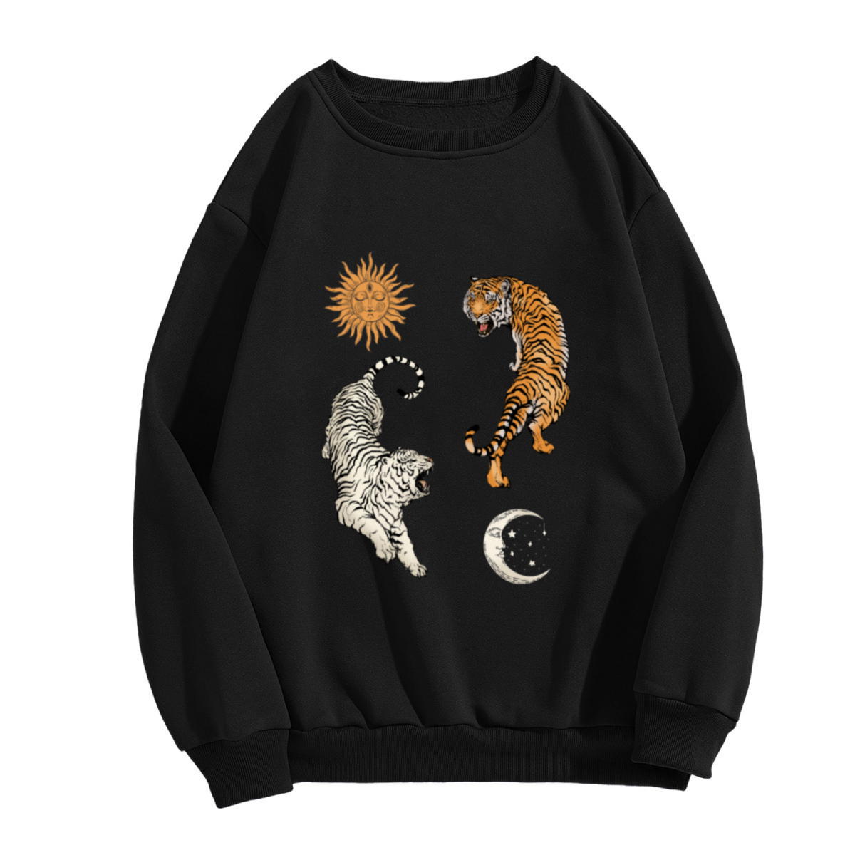 Mystic Sun Moon Dual Tiger Celestial Art Crewneck Sweatshirt