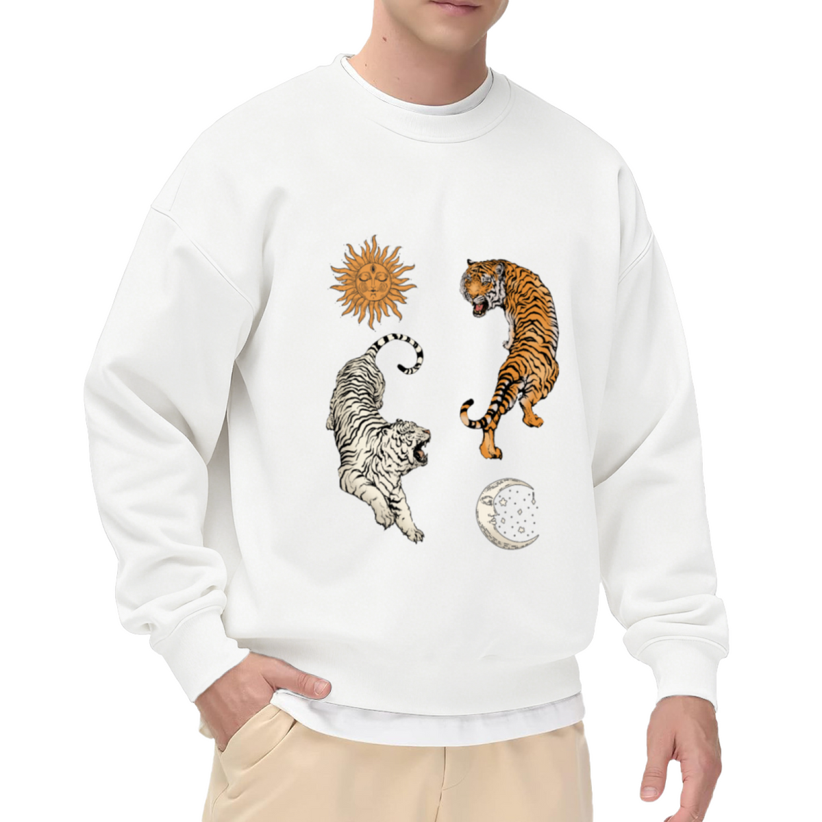 Mystic Sun Moon Dual Tiger Celestial Art Crewneck Sweatshirt