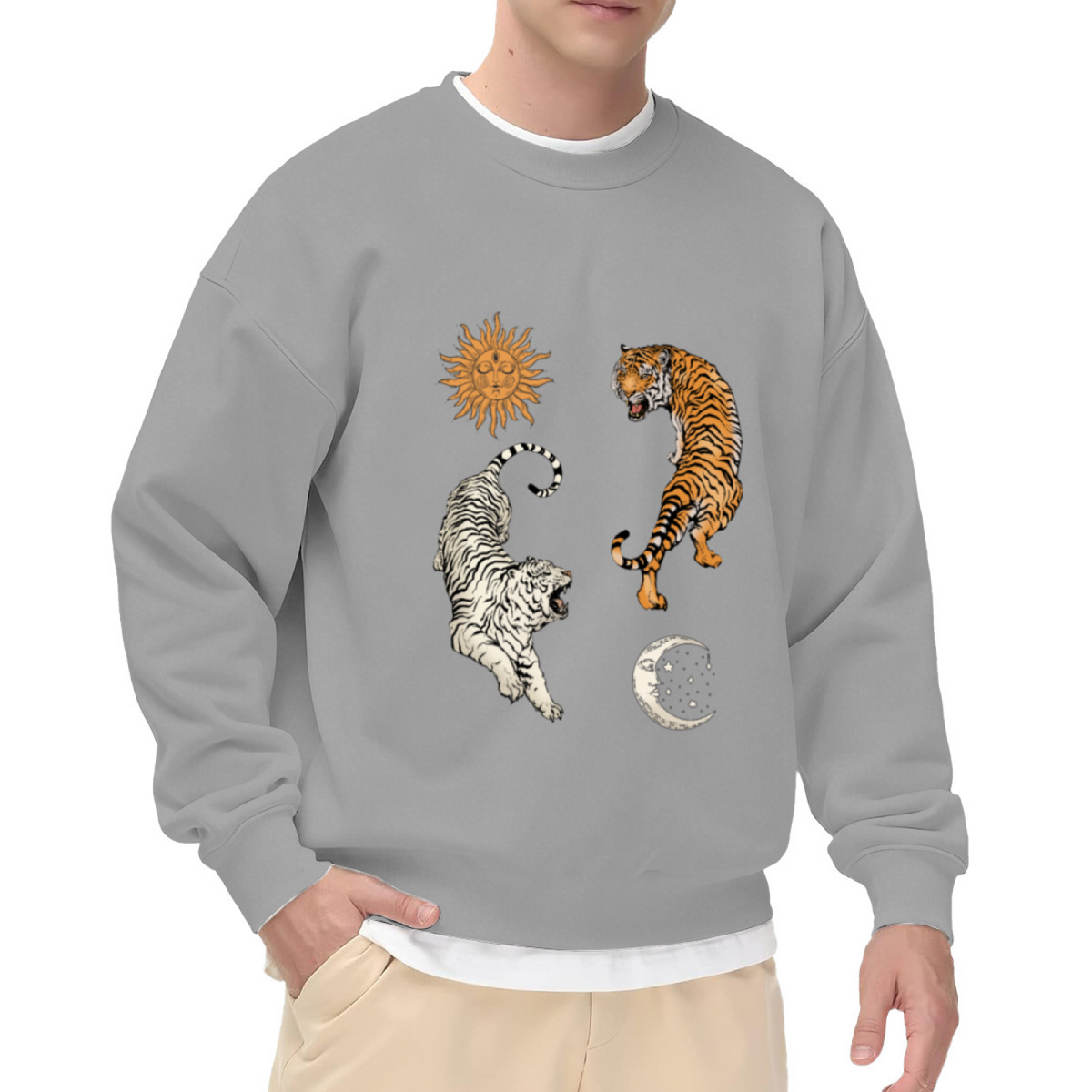 Mystic Sun Moon Dual Tiger Celestial Art Crewneck Sweatshirt