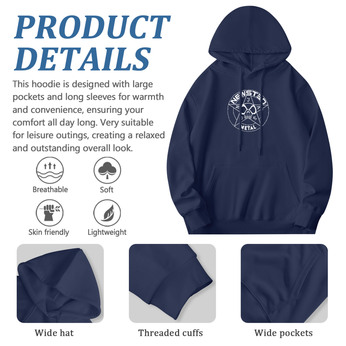 Vintage Metal Skull Star Navy Hoodie, Edgy Streetwear Comfort Sweatshirt