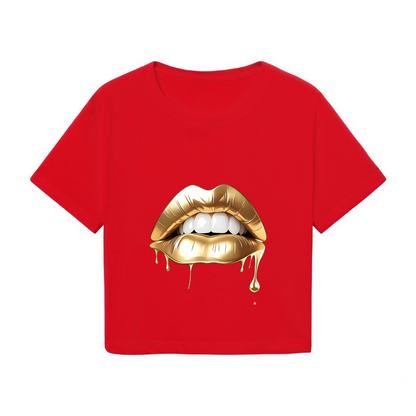 Dripping Metallic Gold Lips Eye-Catching Red Crop Top