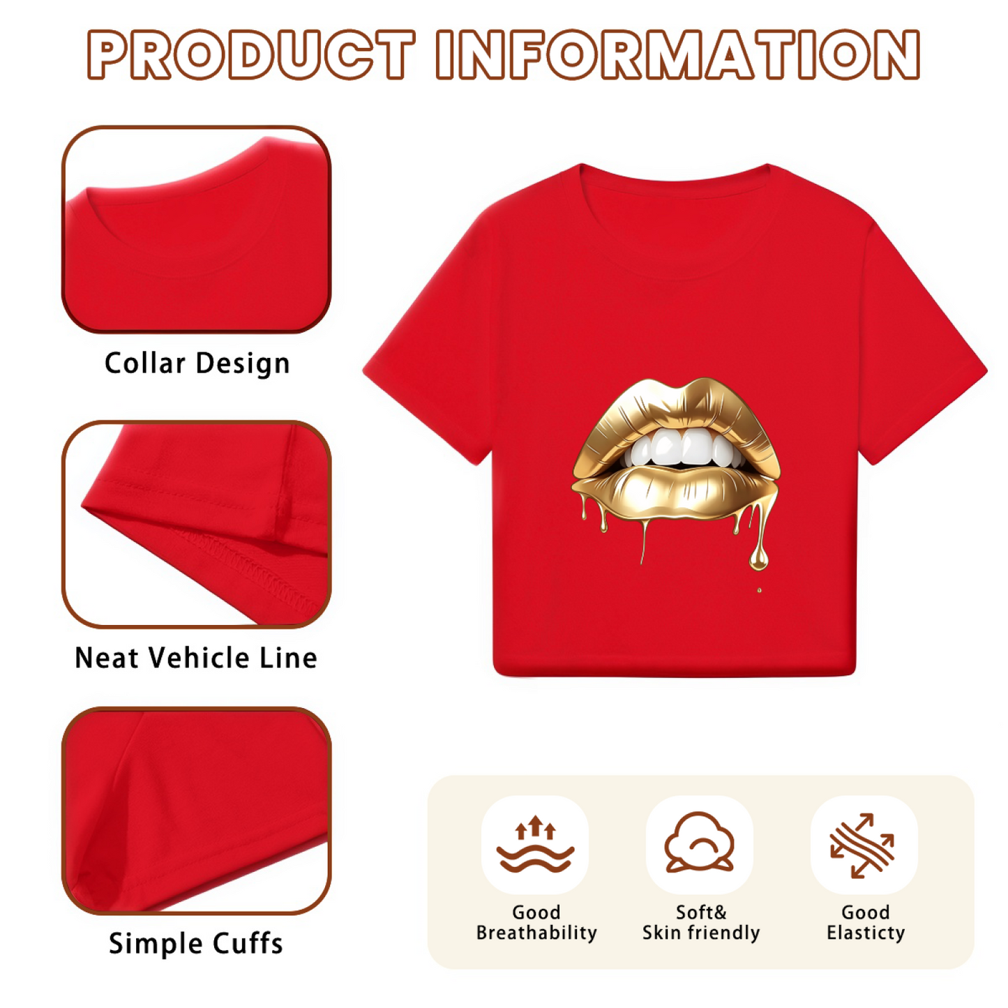Dripping Metallic Gold Lips Eye-Catching Red Crop Top