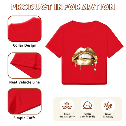Dripping Metallic Gold Lips Eye-Catching Red Crop Top