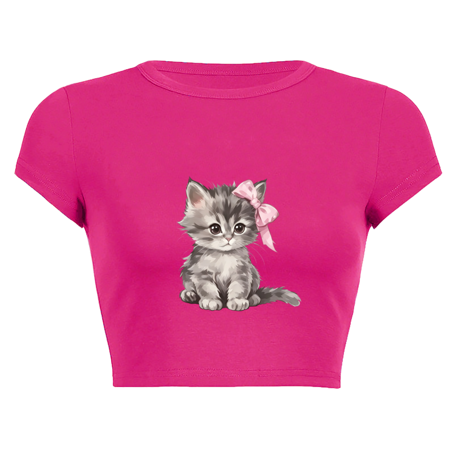 Pink Bow Cute Grey Kitten Hot Pink Crop Tee
