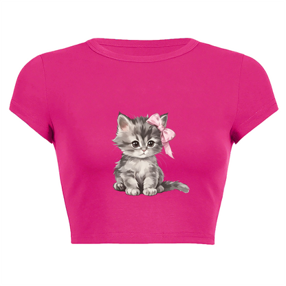 Pink Bow Cute Grey Kitten Hot Pink Crop Tee