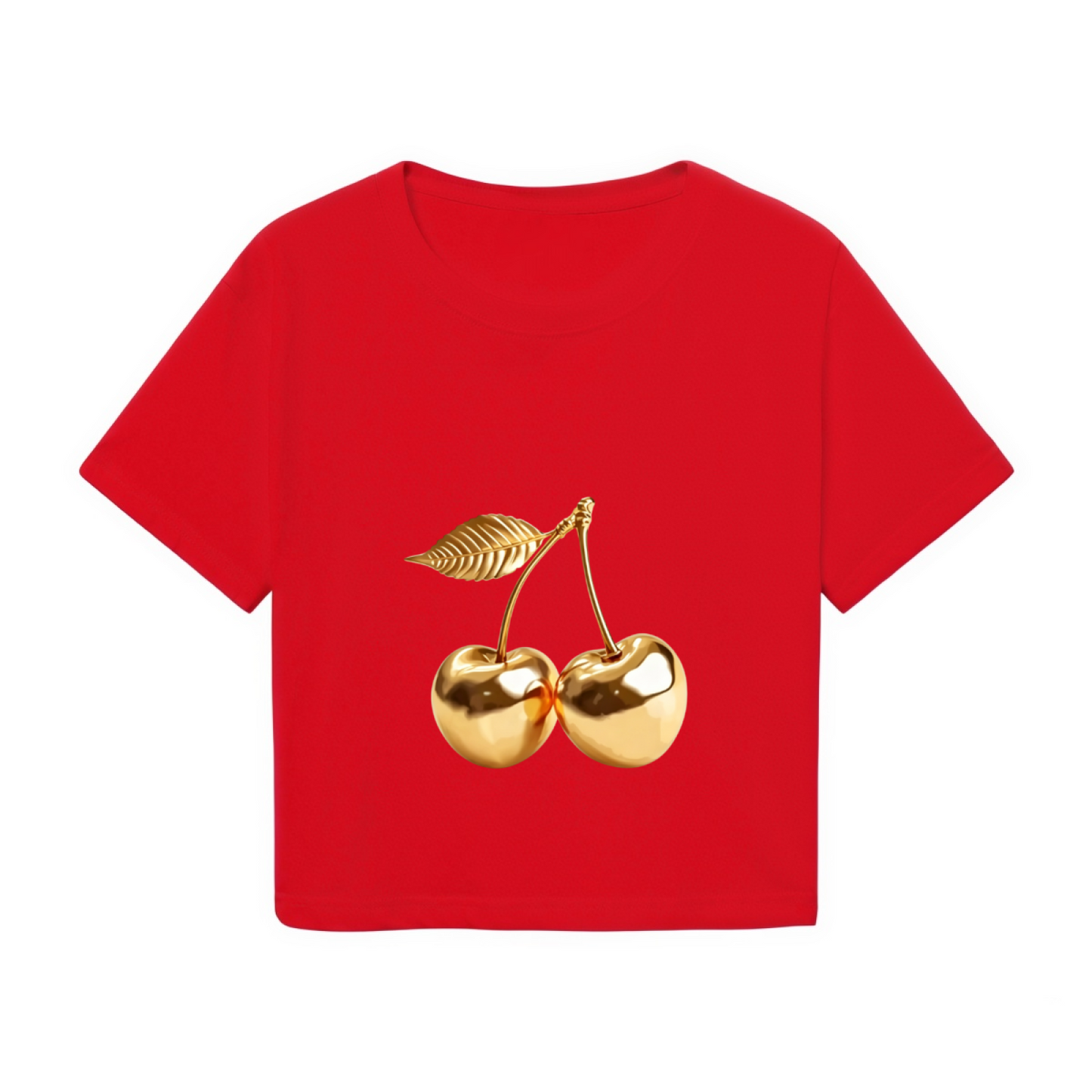Red Cropped  Tee Decorated With Golden Cherry Pattern