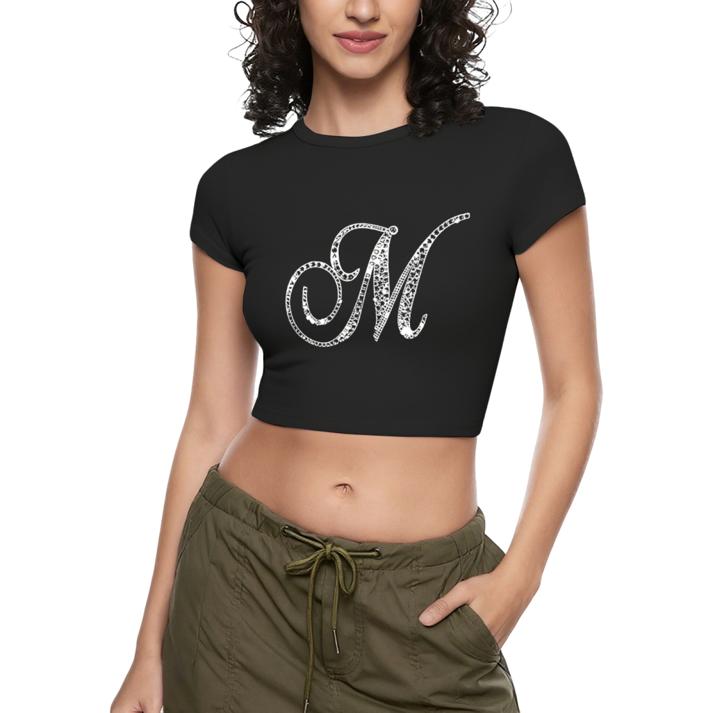 Sparkly Rhinestone Letter M Black Crop Top ¨C Bling Y2K Glam Baby Tee