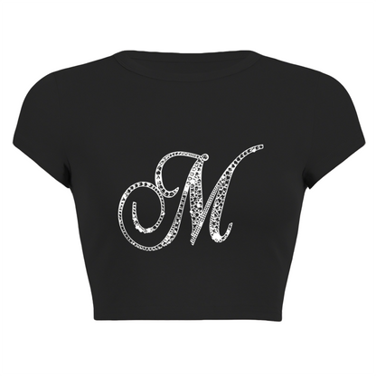 Sparkly Rhinestone Letter M Black Crop Top ¨C Bling Y2K Glam Baby Tee