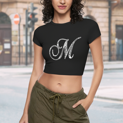 Sparkly Rhinestone Letter M Black Crop Top ¨C Bling Y2K Glam Baby Tee
