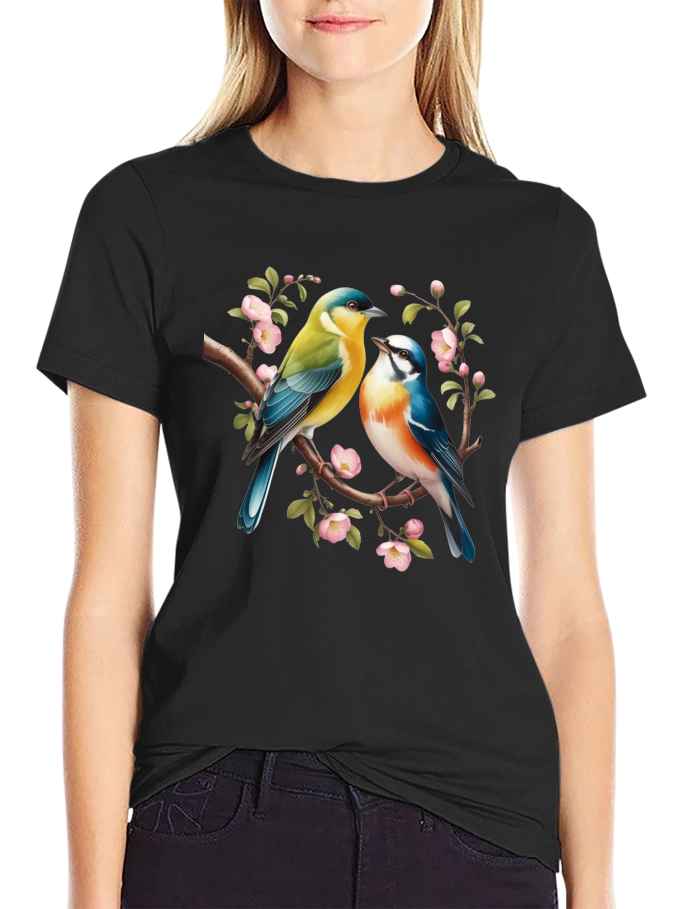 Birds On Branch Graphic T-Shirt - Black