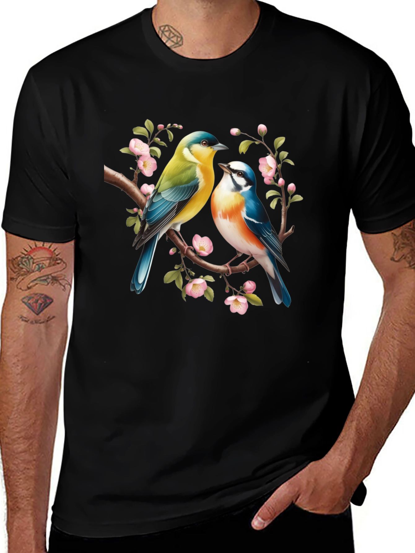 Birds On Branch Graphic T-Shirt - Black