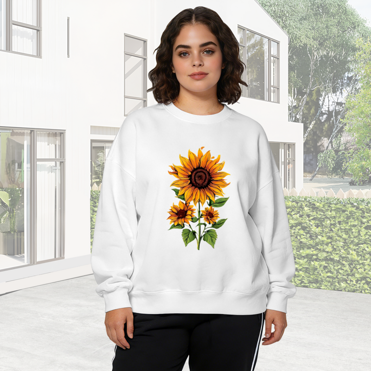 Elegant Single Stem Sunflower Botanical Art Crewneck Sweatshirt