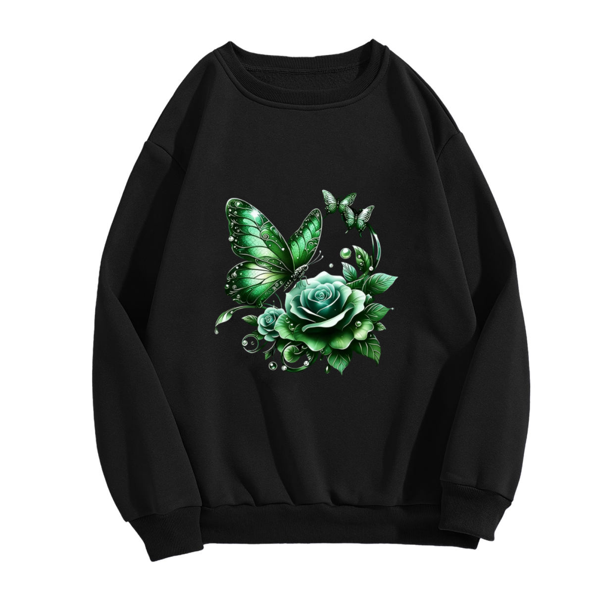 Glam Green Butterfly & Rose Crewneck Sweatshirt