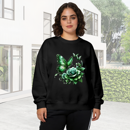 Glam Green Butterfly & Rose Crewneck Sweatshirt