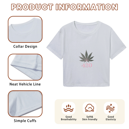 420 Leaf Pink Letter Grey Cropped Top ¨C Casual Weed Graphic Streetwear Tee