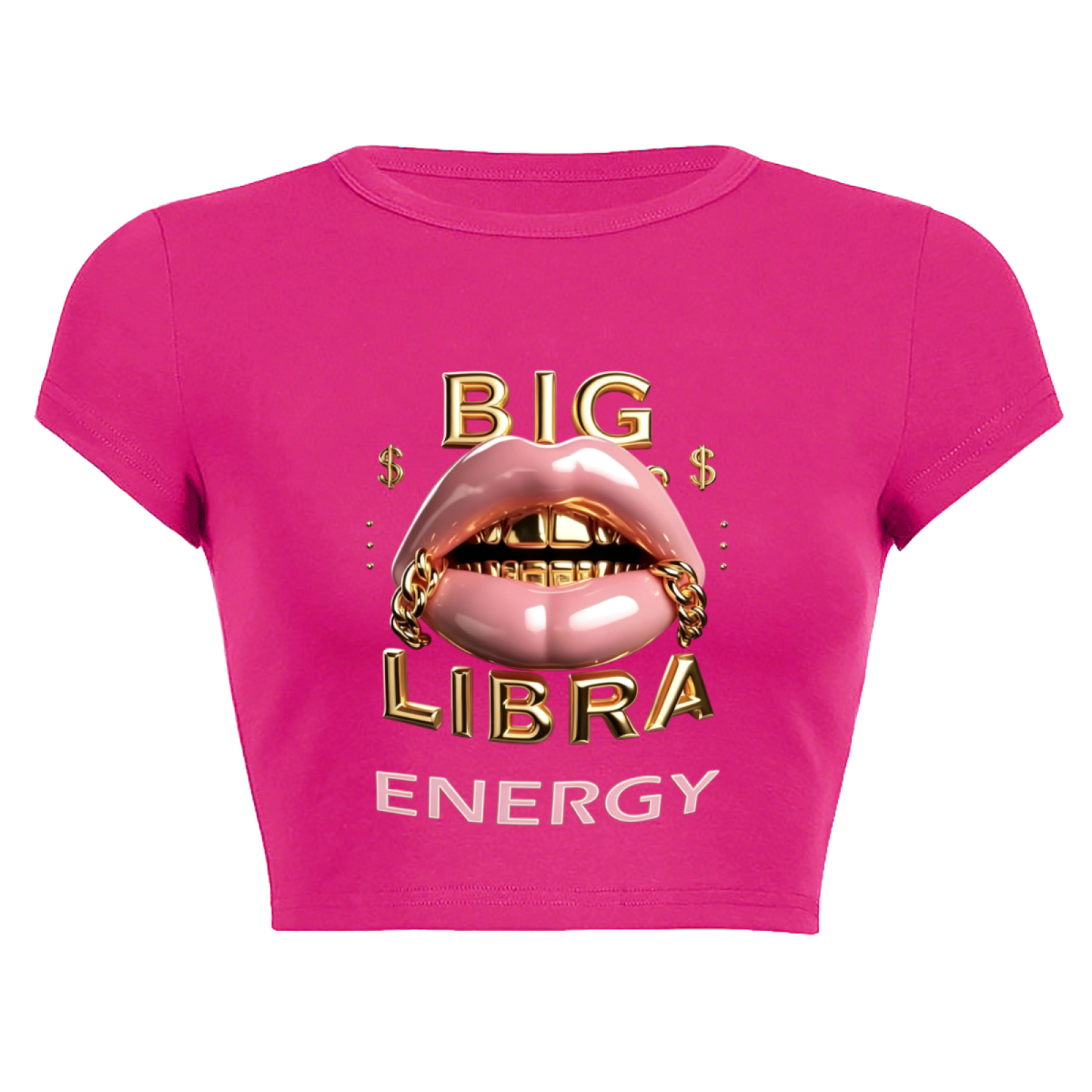 Big Libra Gold Grill Lips Hot Pink Zodiac Crop Baby Tee