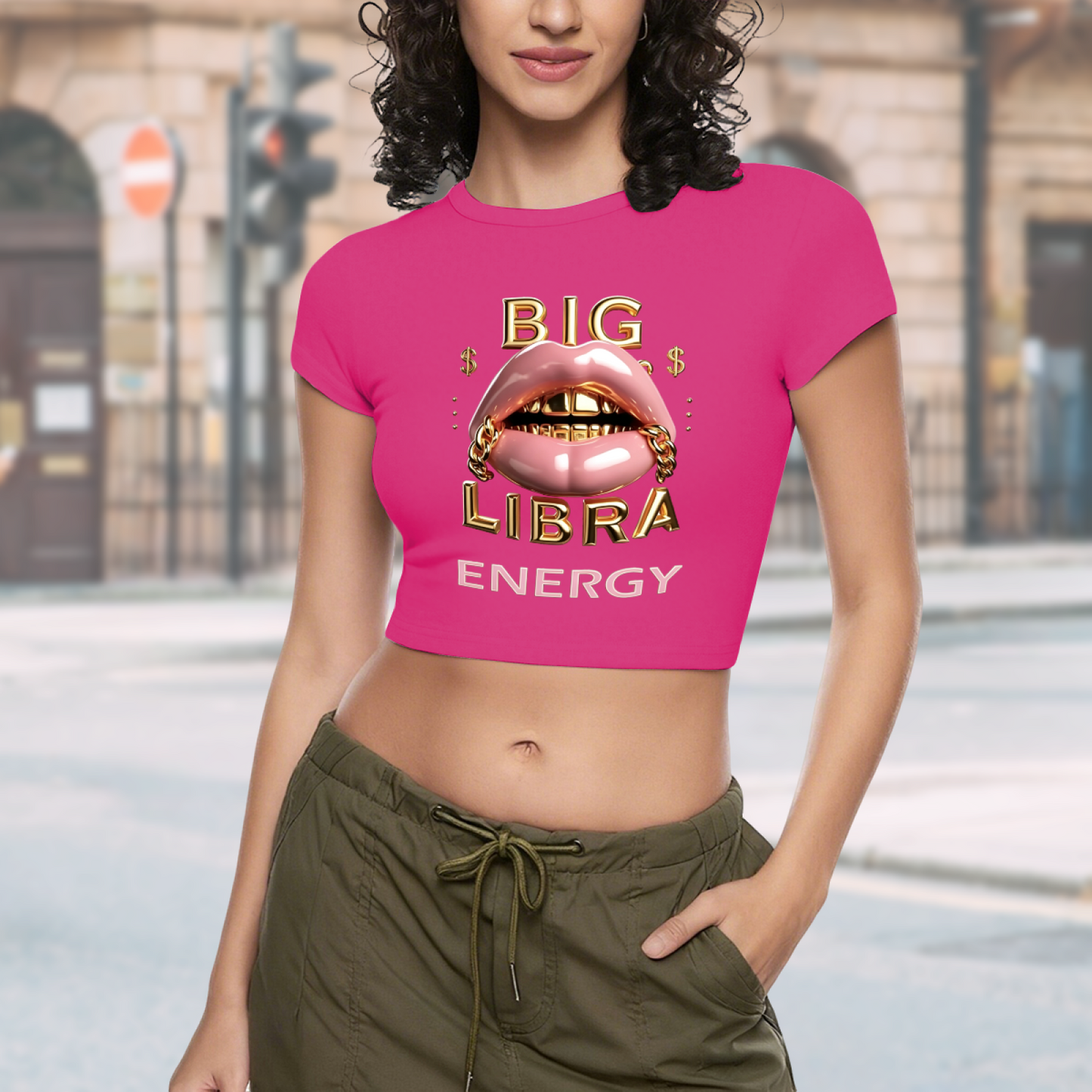 Big Libra Gold Grill Lips Hot Pink Zodiac Crop Baby Tee
