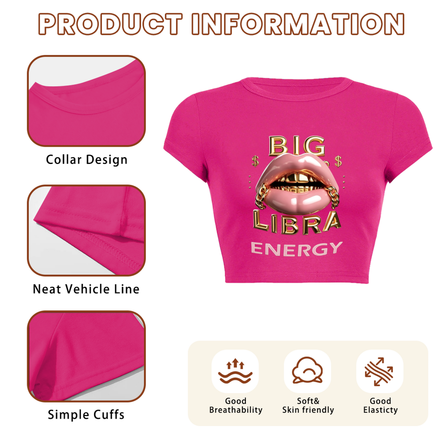 Big Libra Gold Grill Lips Hot Pink Zodiac Crop Baby Tee