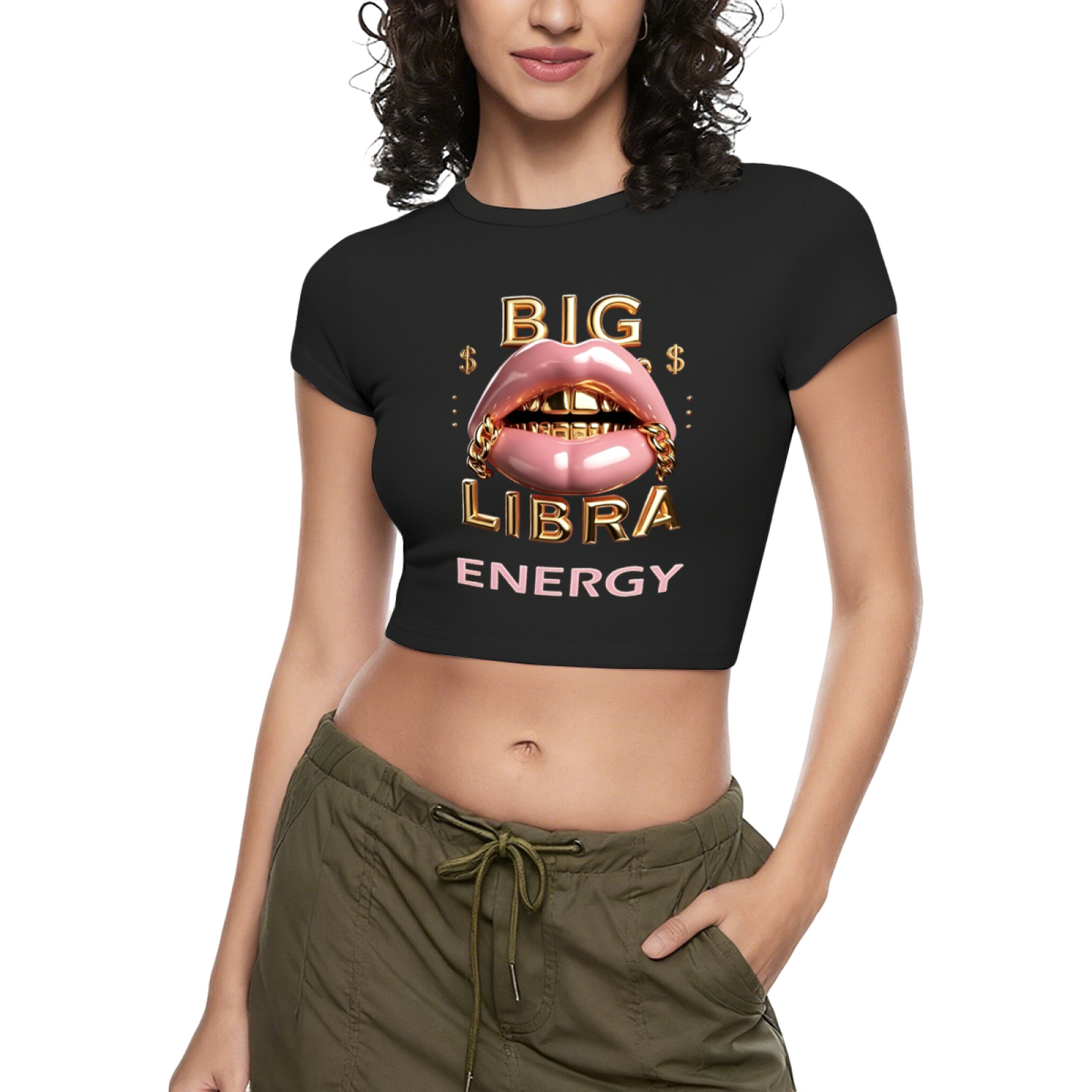 Big Libra Gold Grill Lips Hot Pink Zodiac Crop Baby Tee