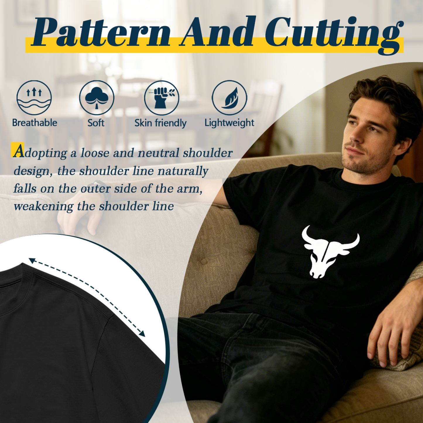 Men's Retro Bull Skull Western Minimal Graphic Crew Neck T-Shirt