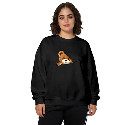 Fun Zipper?Peeking Teddy Bear Crewneck Sweatshirt