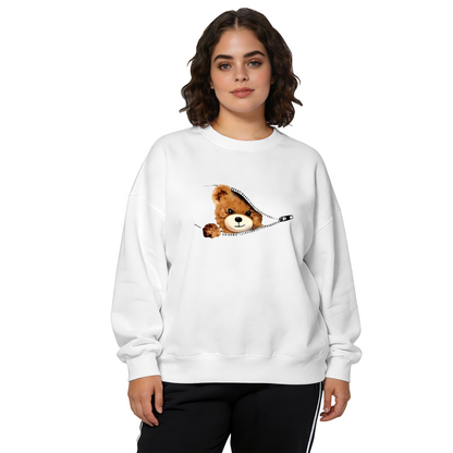 Fun Zipper?Peeking Teddy Bear Crewneck Sweatshirt