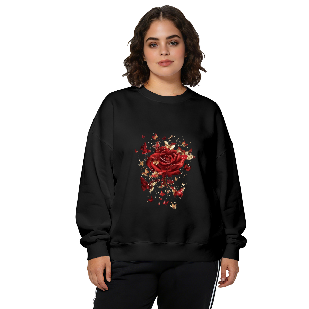 Glam Red Rose With Golden Butterflies Crewneck Sweatshirt