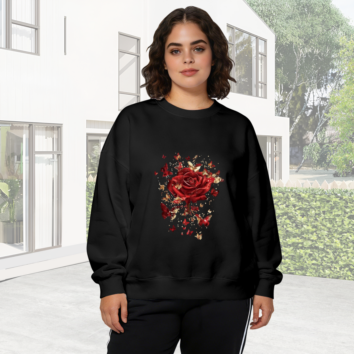 Glam Red Rose With Golden Butterflies Crewneck Sweatshirt