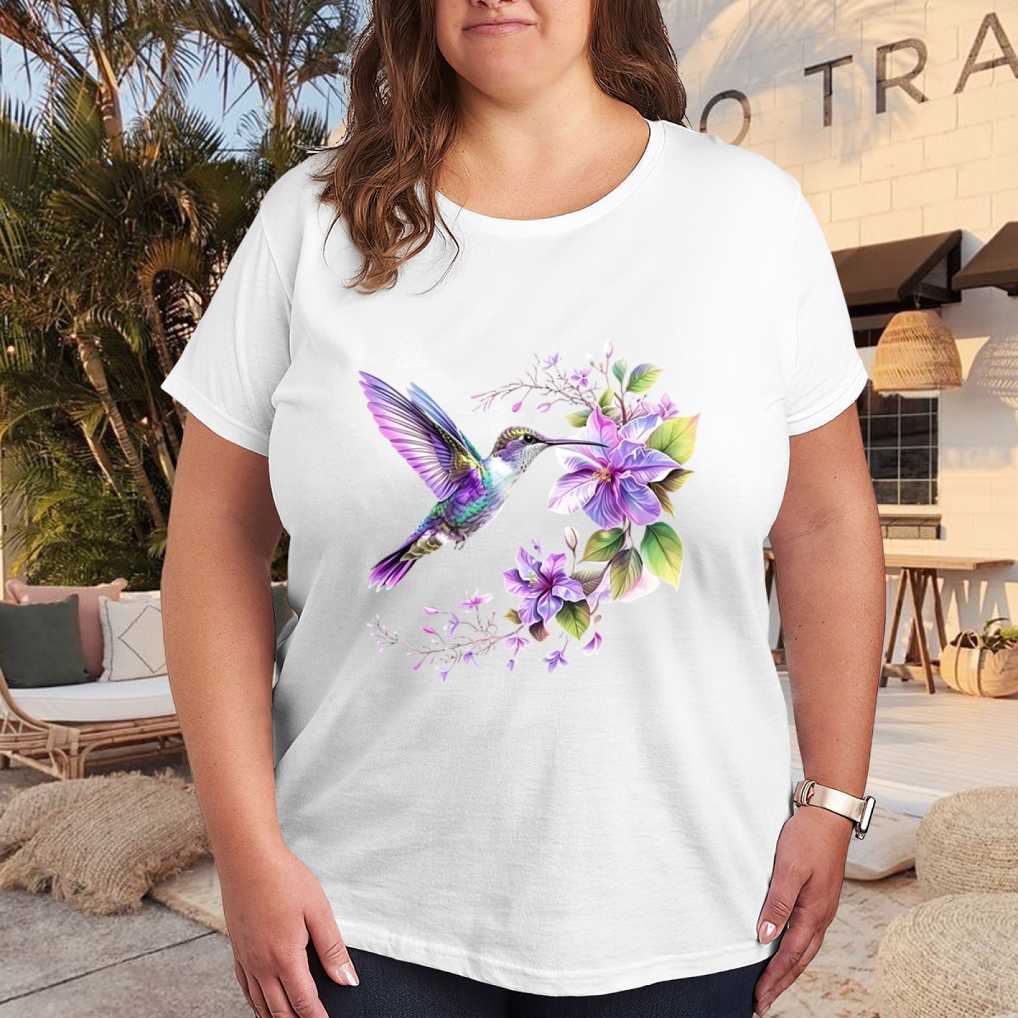 Watercolor Purple Hummingbird Wildflower Art Tee
