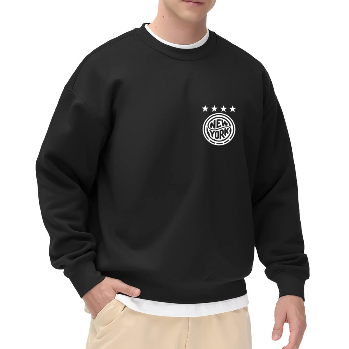 Retro Five?Star New York Circle Badge Black Crewneck Sweatshirt