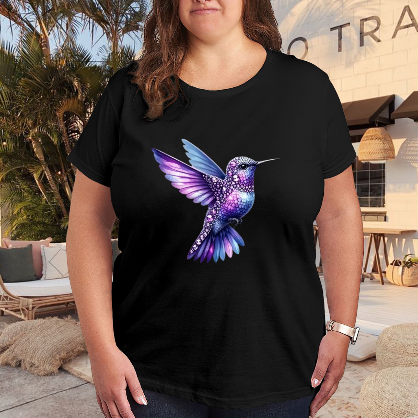 Sparkly Purple Rhinestone Hummingbird Shimmer Tee