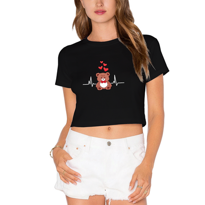 Sweet Red Crop T-Shirt With Cartoon Teddy Bear & Heartbeat Love Design