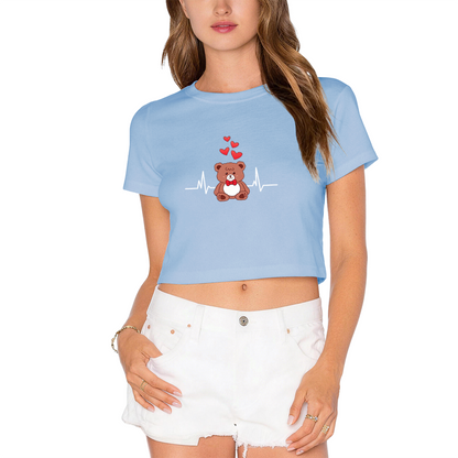 Sweet Red Crop T-Shirt With Cartoon Teddy Bear & Heartbeat Love Design