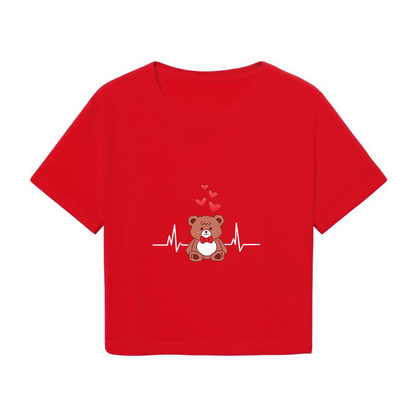 Sweet Red Crop T-Shirt With Cartoon Teddy Bear & Heartbeat Love Design