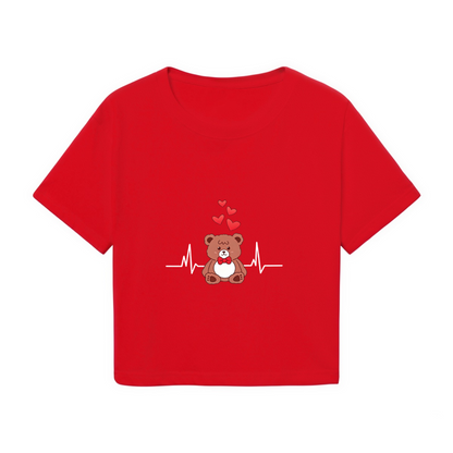 Sweet Red Crop T-Shirt With Cartoon Teddy Bear & Heartbeat Love Design