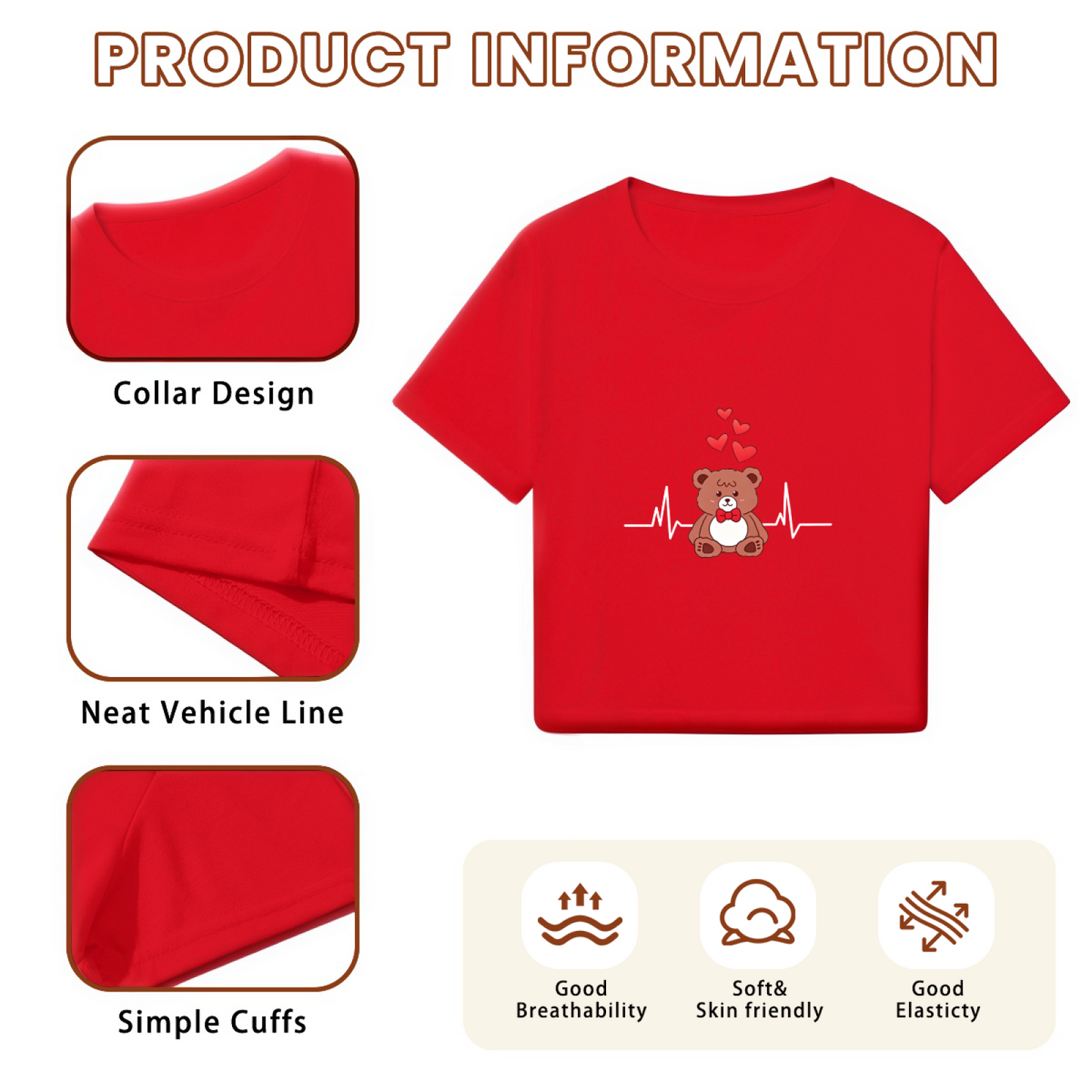 Sweet Red Crop T-Shirt With Cartoon Teddy Bear & Heartbeat Love Design