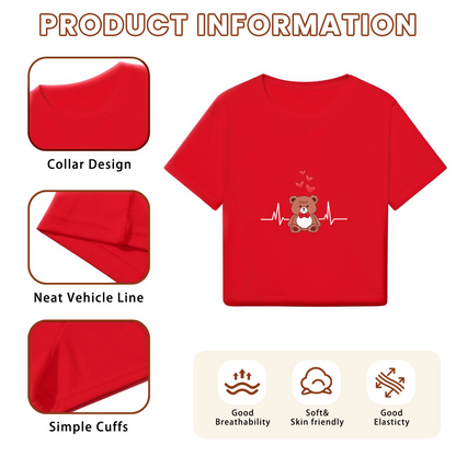 Sweet Red Crop T-Shirt With Cartoon Teddy Bear & Heartbeat Love Design