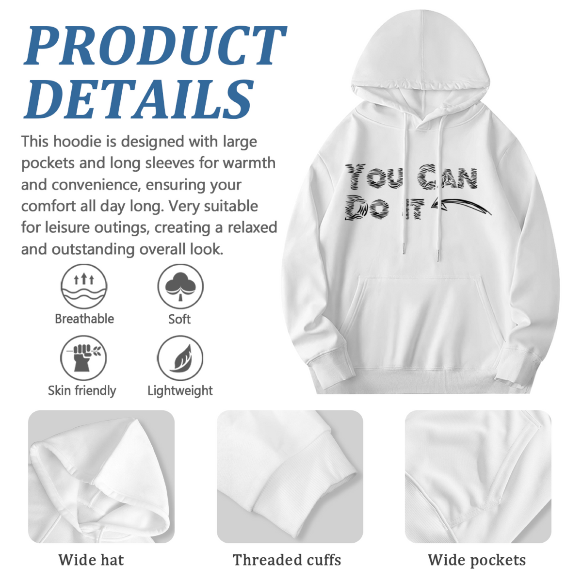 Motivational You Can Do It Zebra Text White Hoodie, Unisex Super Comfort Pullover