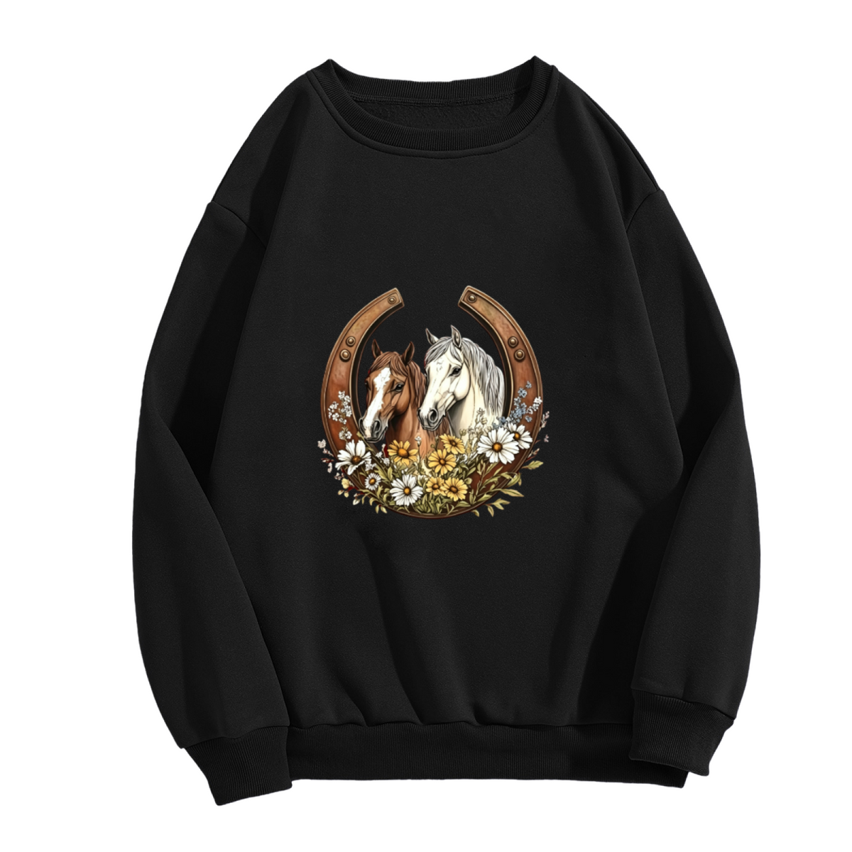 Western Horseshoe Twin Horses Wildflower Crewneck Sweatshirt