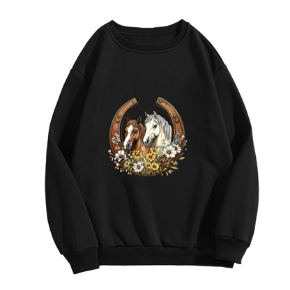 Western Horseshoe Twin Horses Wildflower Crewneck Sweatshirt