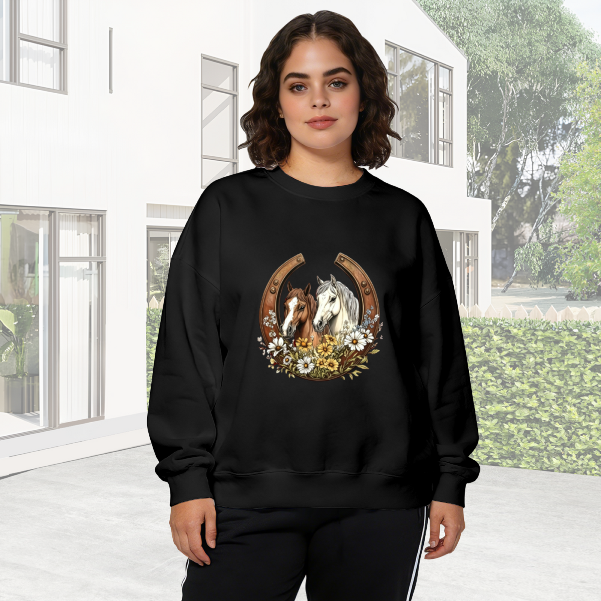Western Horseshoe Twin Horses Wildflower Crewneck Sweatshirt