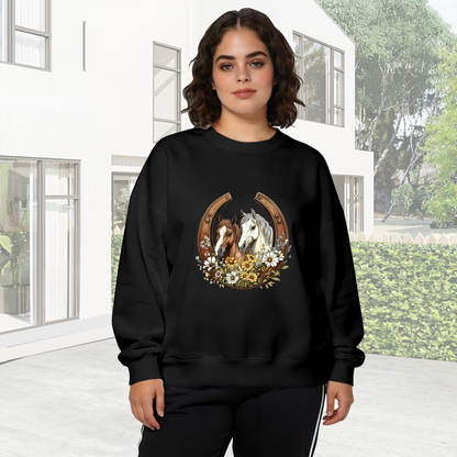Western Horseshoe Twin Horses Wildflower Crewneck Sweatshirt
