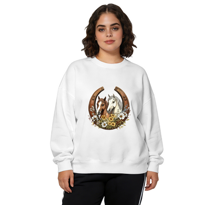 Western Horseshoe Twin Horses Wildflower Crewneck Sweatshirt
