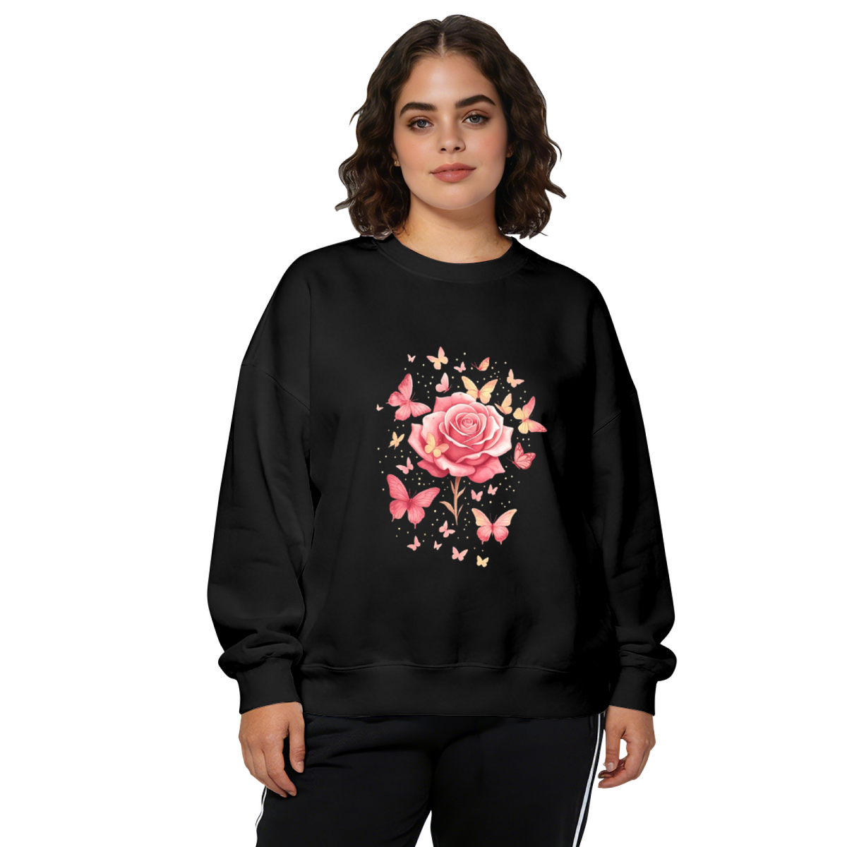 Elegant White Butterfly Silhouette Crewneck Sweatshirt | Minimal Dark Tone Graphic Top