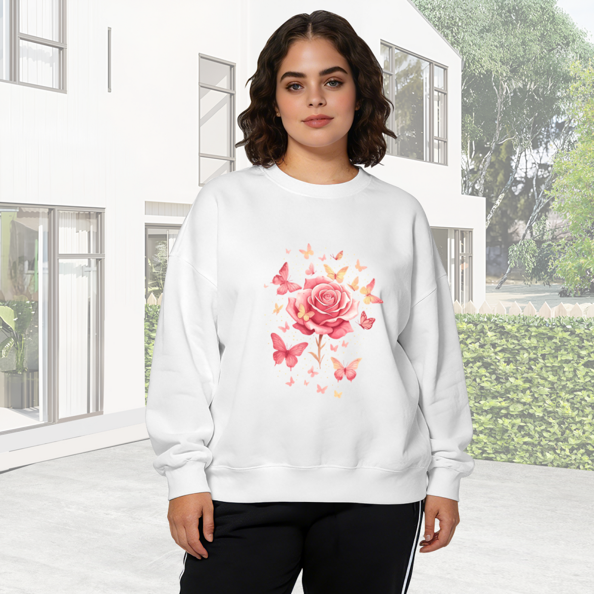 Elegant White Butterfly Silhouette Crewneck Sweatshirt | Minimal Dark Tone Graphic Top