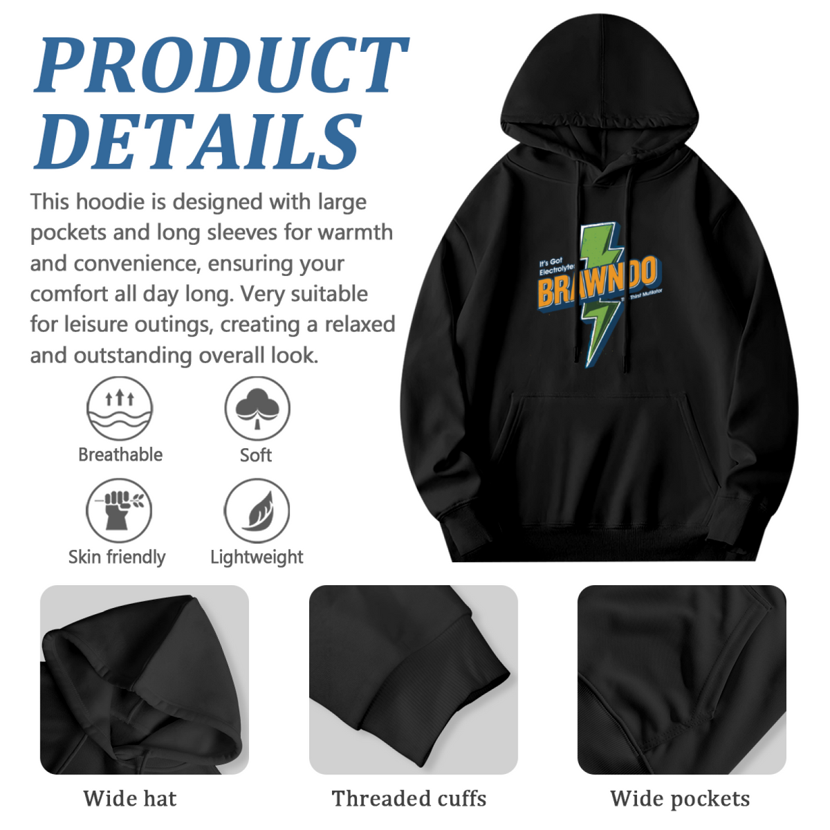 Brawindo Lightning Vintage Print Soft Hoodie, Men Trendy Pullover