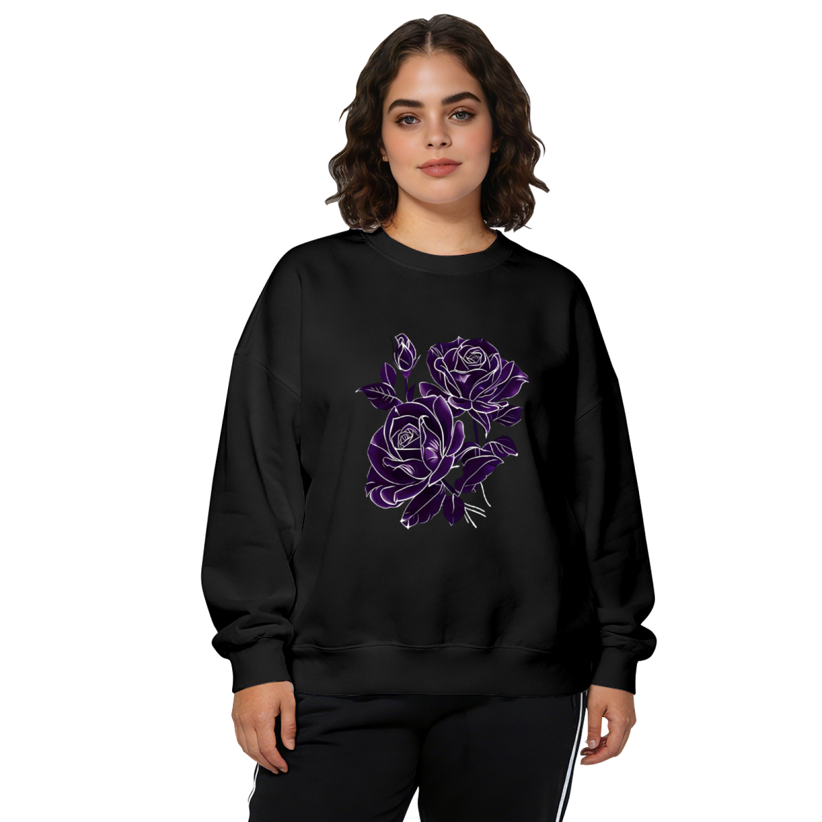 Elegant Dark Purple Rose Outline Art Crewneck Sweatshirt