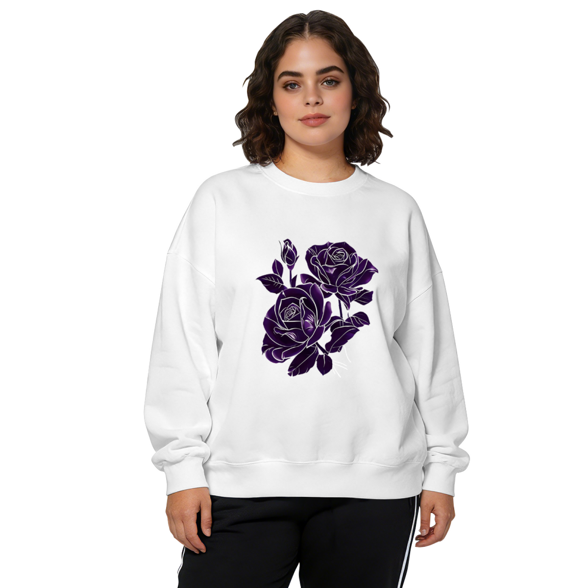 Elegant Dark Purple Rose Outline Art Crewneck Sweatshirt