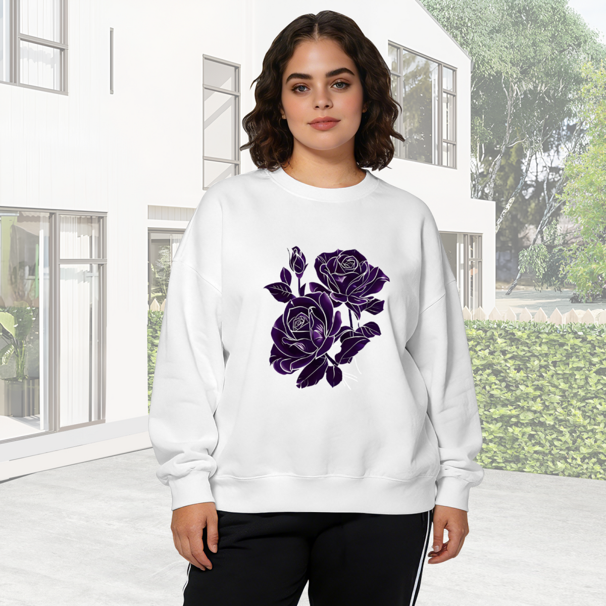 Elegant Dark Purple Rose Outline Art Crewneck Sweatshirt
