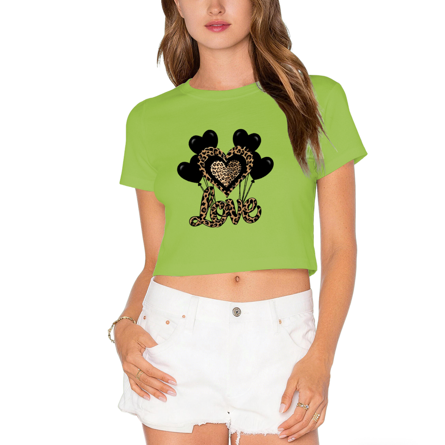 Leopard Love Heart Balloon Green Crop Top